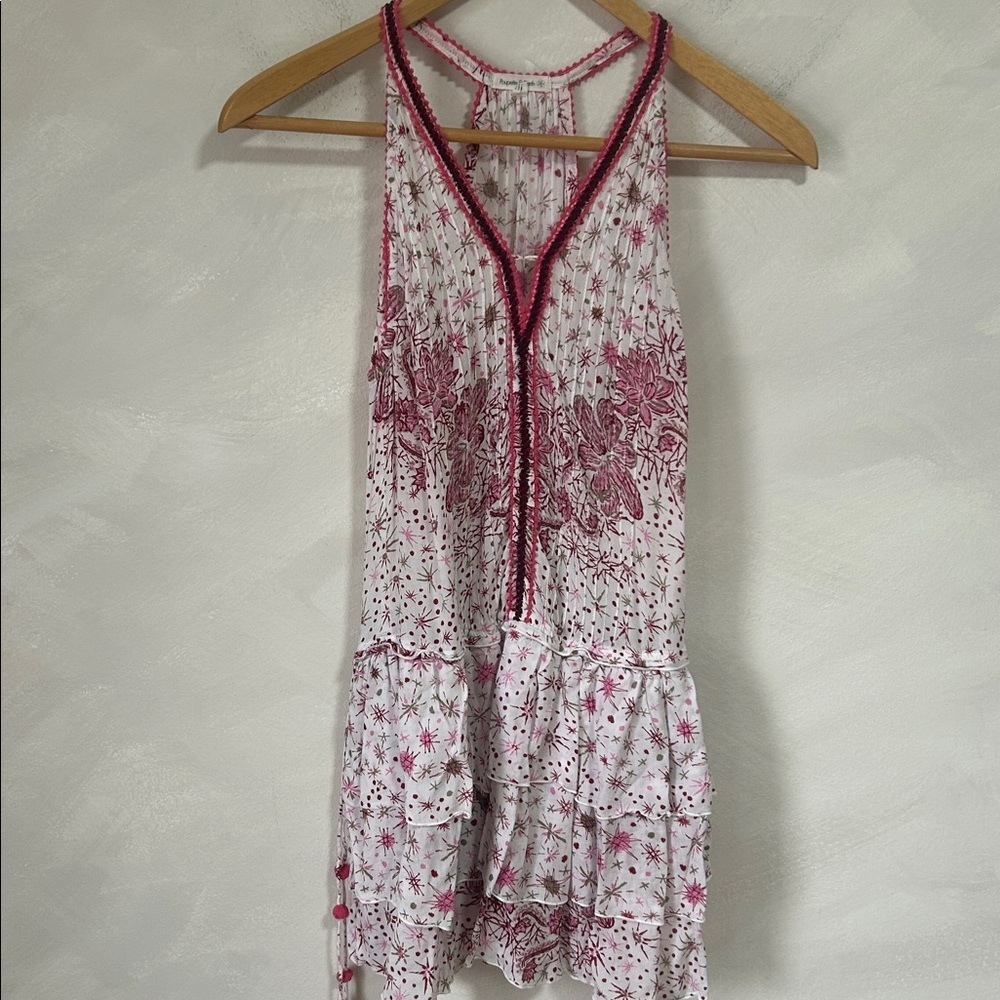 Poupette St. Barth Bety Tiered Mini Dress sz XS ruffled pompom tassel haltertop